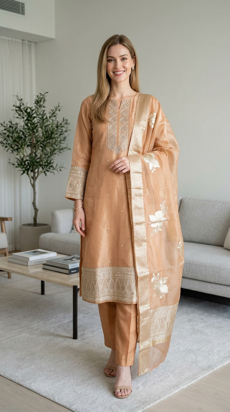 Embroidered Work Organza Shimmer Stylish Unstitched Suit - 380 / HC002045 view 7
