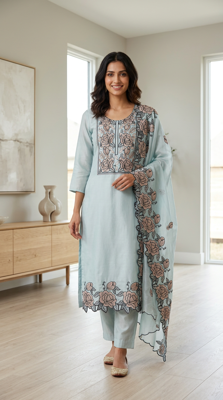 Embroidered Dola Silk Fancy Aur Stylish Stitched Suit - Firozi C XXL / HC002554 view 6