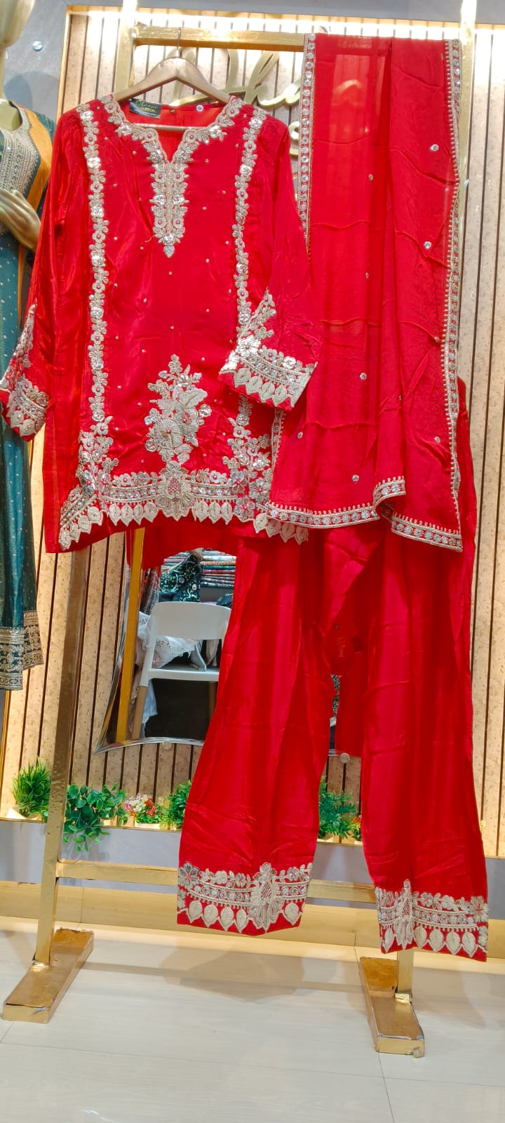 Fancy And Stylish Embroidered Silk Farshi Shalwar Suit - Rose Red XXL / SD00174 view 8
