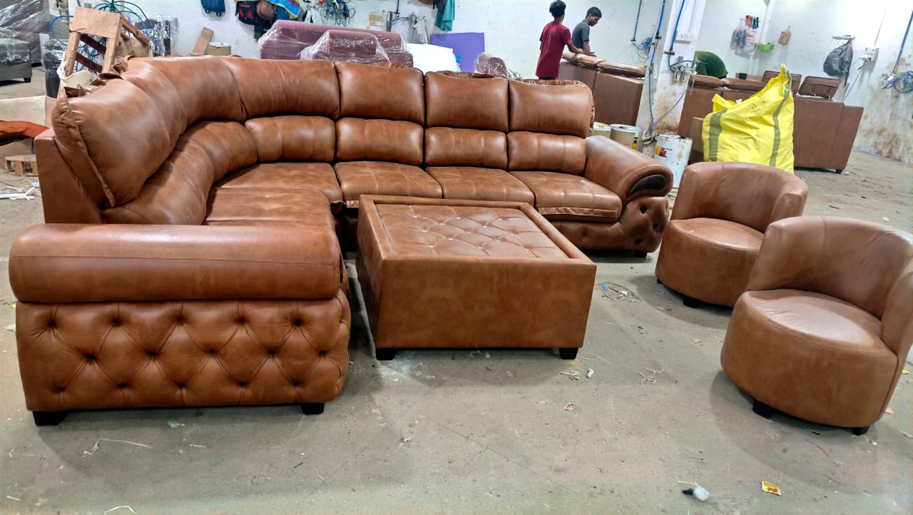 Elegant Brown Leather Sectional Sofa Set view 2