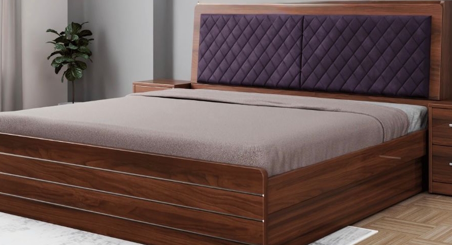 Elegant Wooden Bed with Velvet Headboard view 2