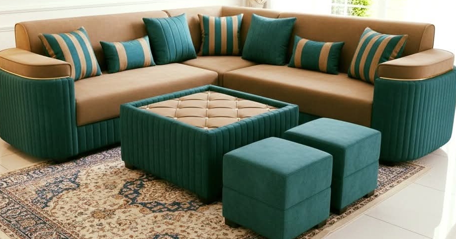Teal and Beige Sectional Sofa view 2