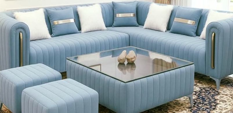 Blue Sectional Couch with Ottomans view 2