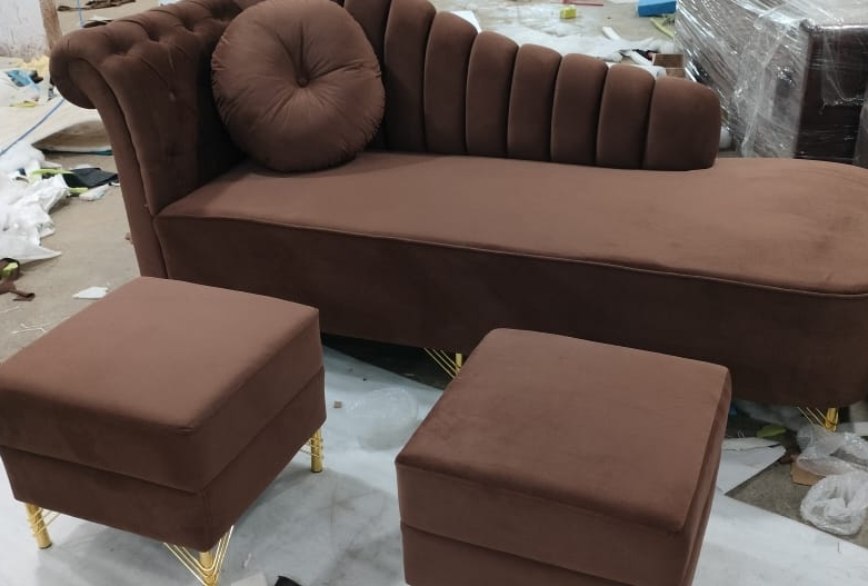 Chocolate-Brown Chaise and Ottomans view 2
