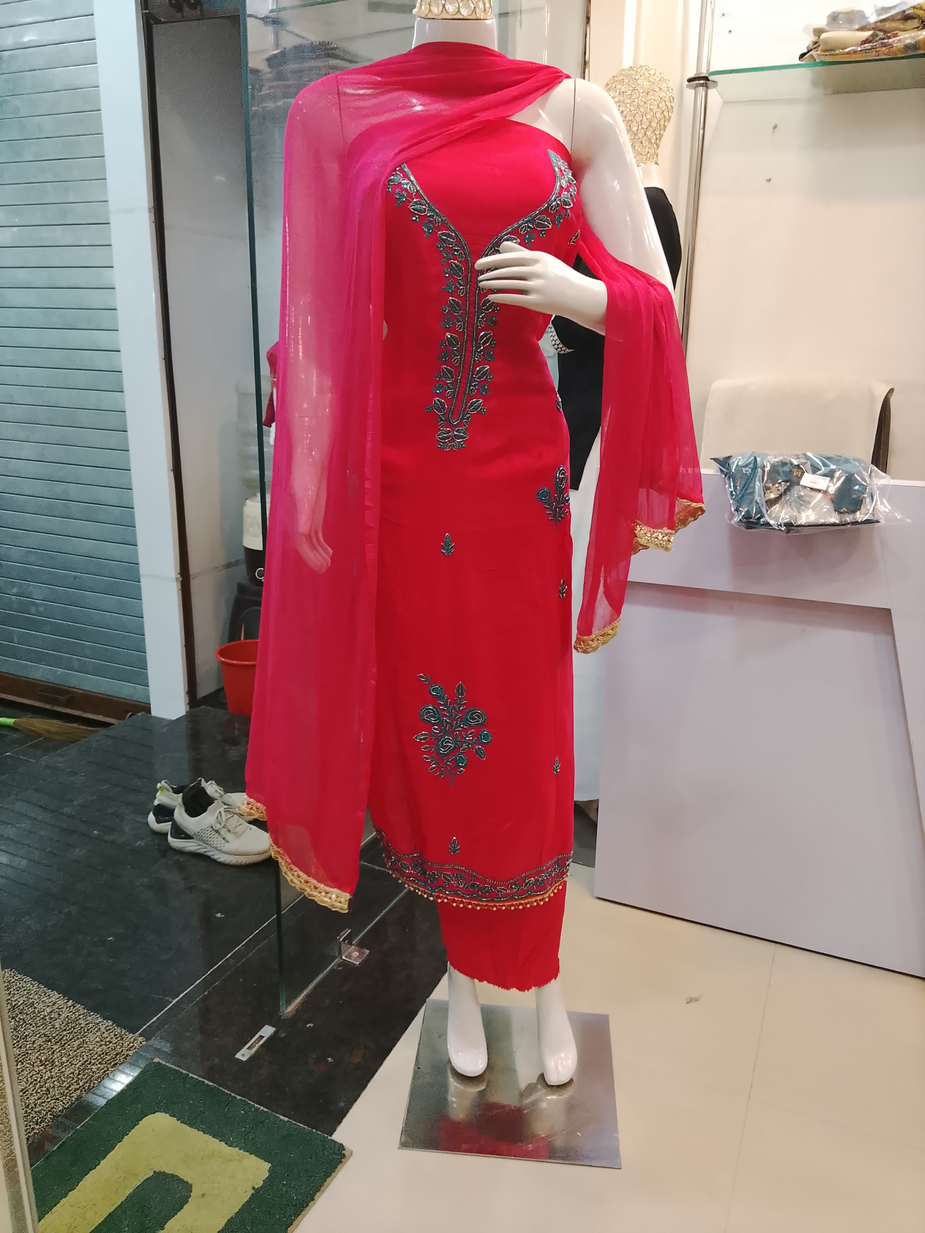 Elegant Red Embroidered Suit view 2