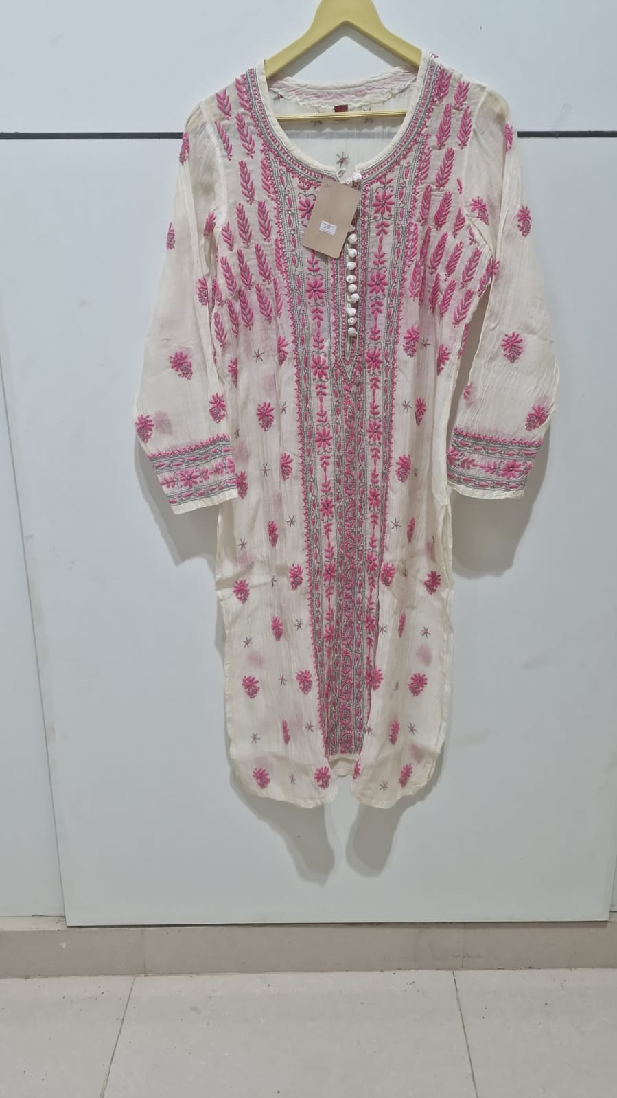 Mul Chanderi Pink Chikan Embroidered Kurta view 2