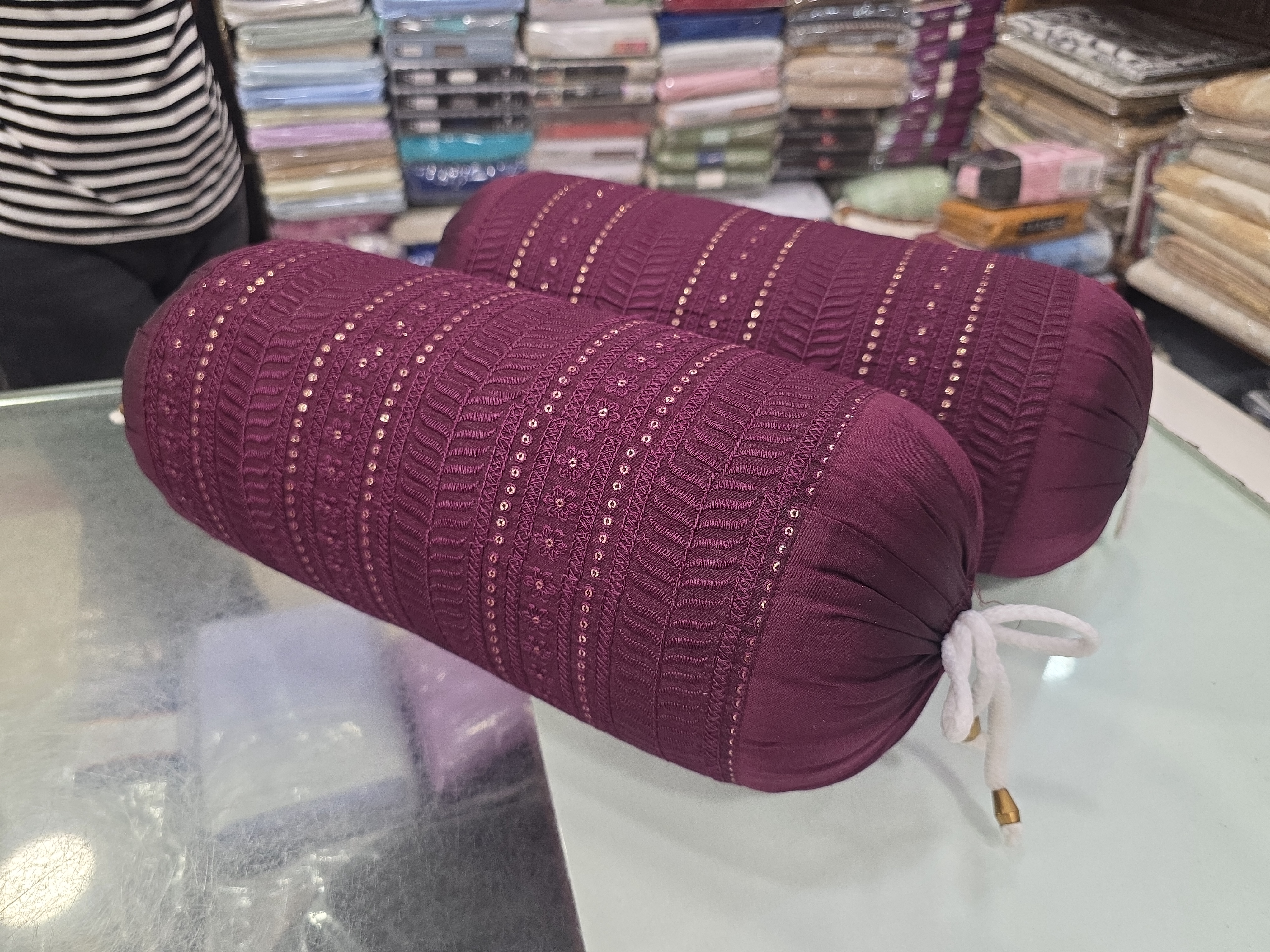 Ornate Maroon Bolster Cushions view 2