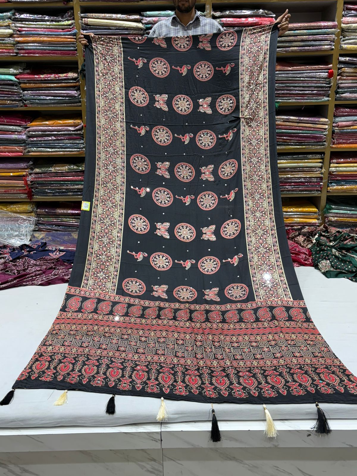 Black Butterfly Ajrakh Print Saree view 2