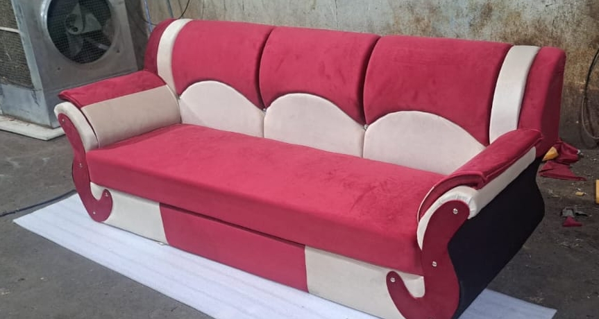 Plush Red and Beige Sofa view 2