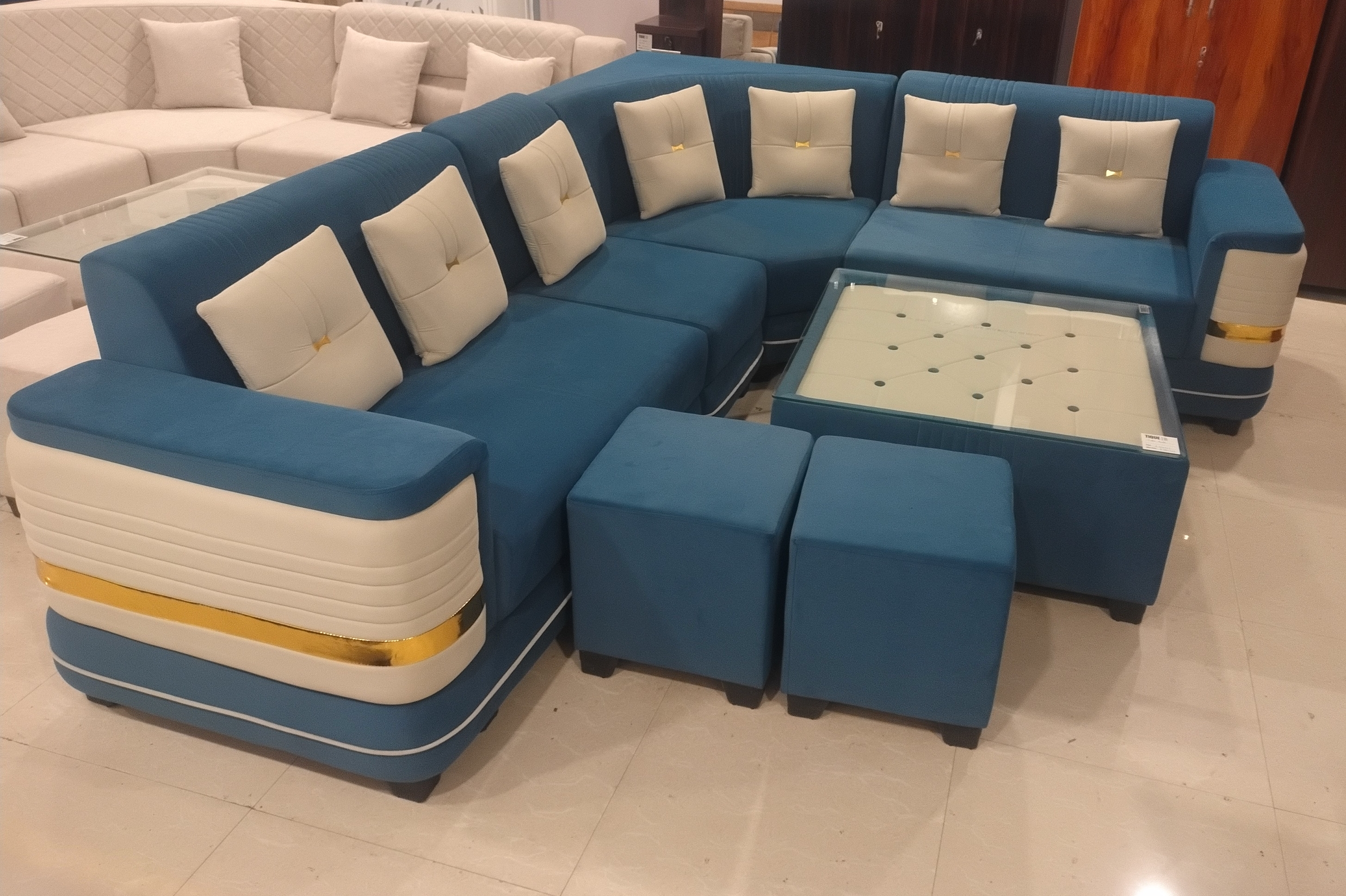 Blue and White Sectional Sofa view 2
