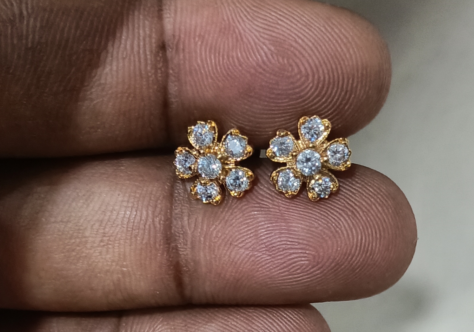 Diamond-Studded Gold Floral Earrings view 2