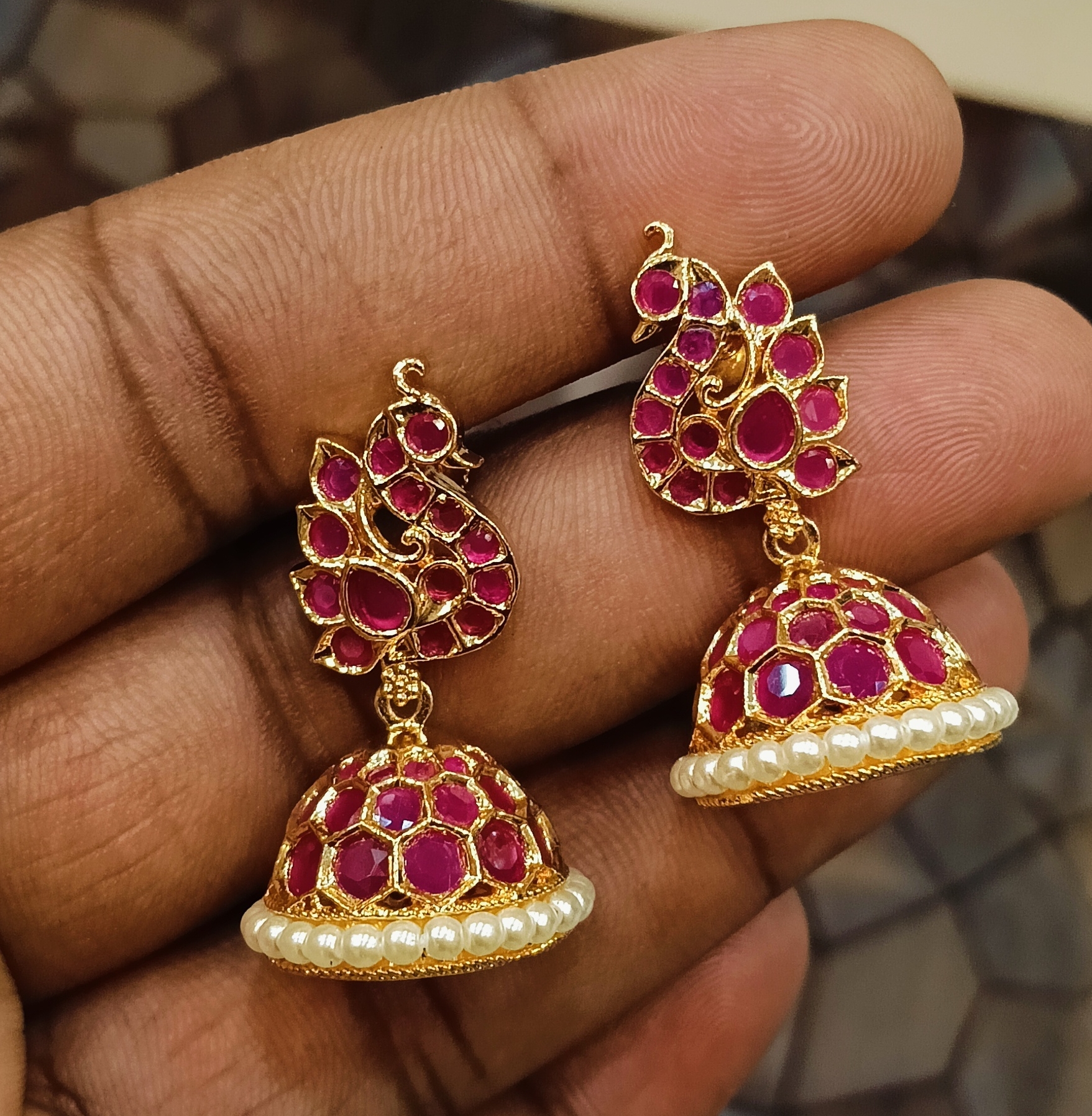 Peacock Ruby Pearl Earrings view 2
