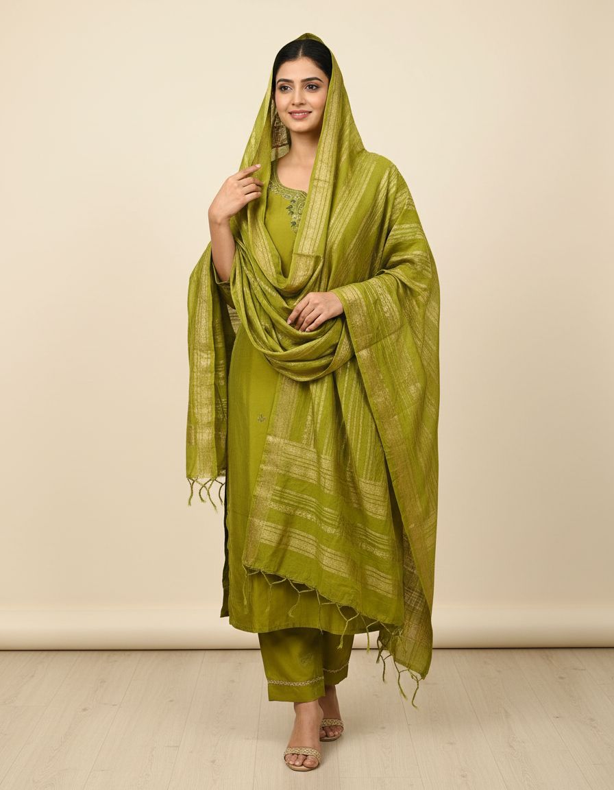Olive Green Zari-Embroidered Silk Blend Suit Set view 2
