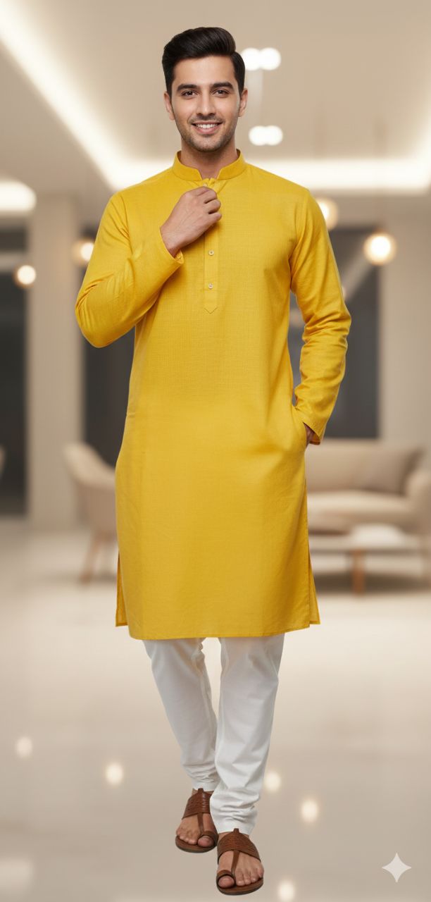 Ethnic Yellow Kurta With White Pajama view 2