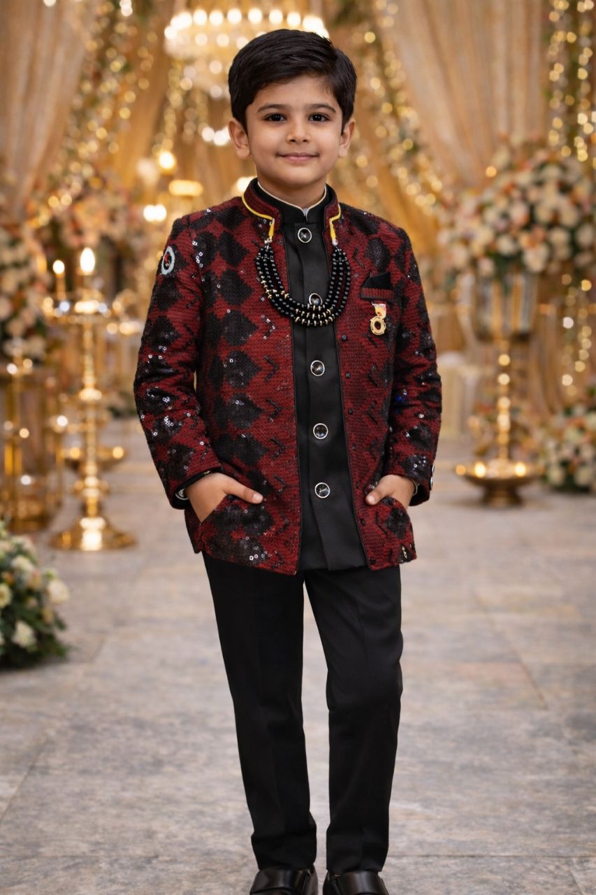 Kids Jodhpuri Textured Suit view 2