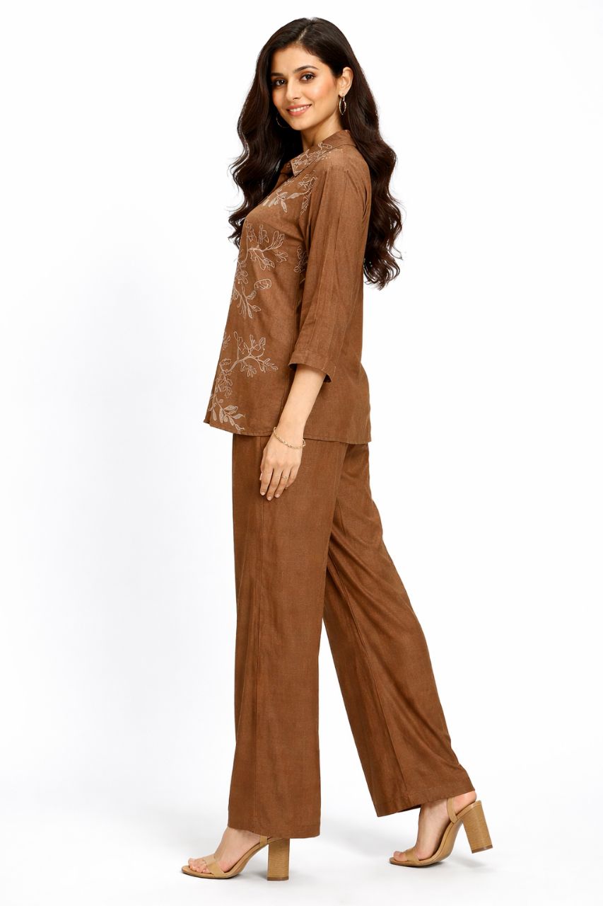 Embroidered Brown Linen Cotton  Co-ord Set view 3