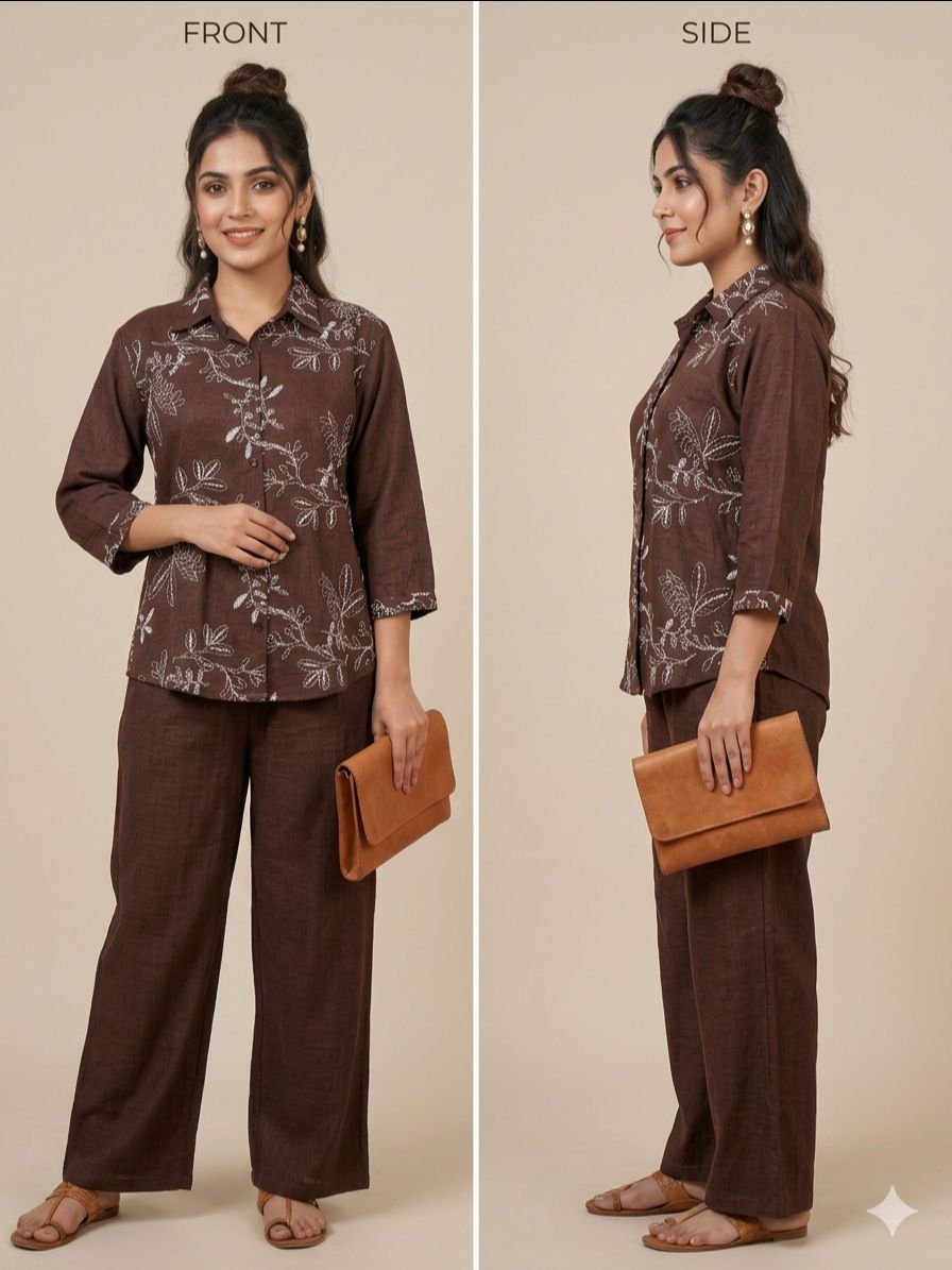 Embroidered Brown Co-ord Set view 3