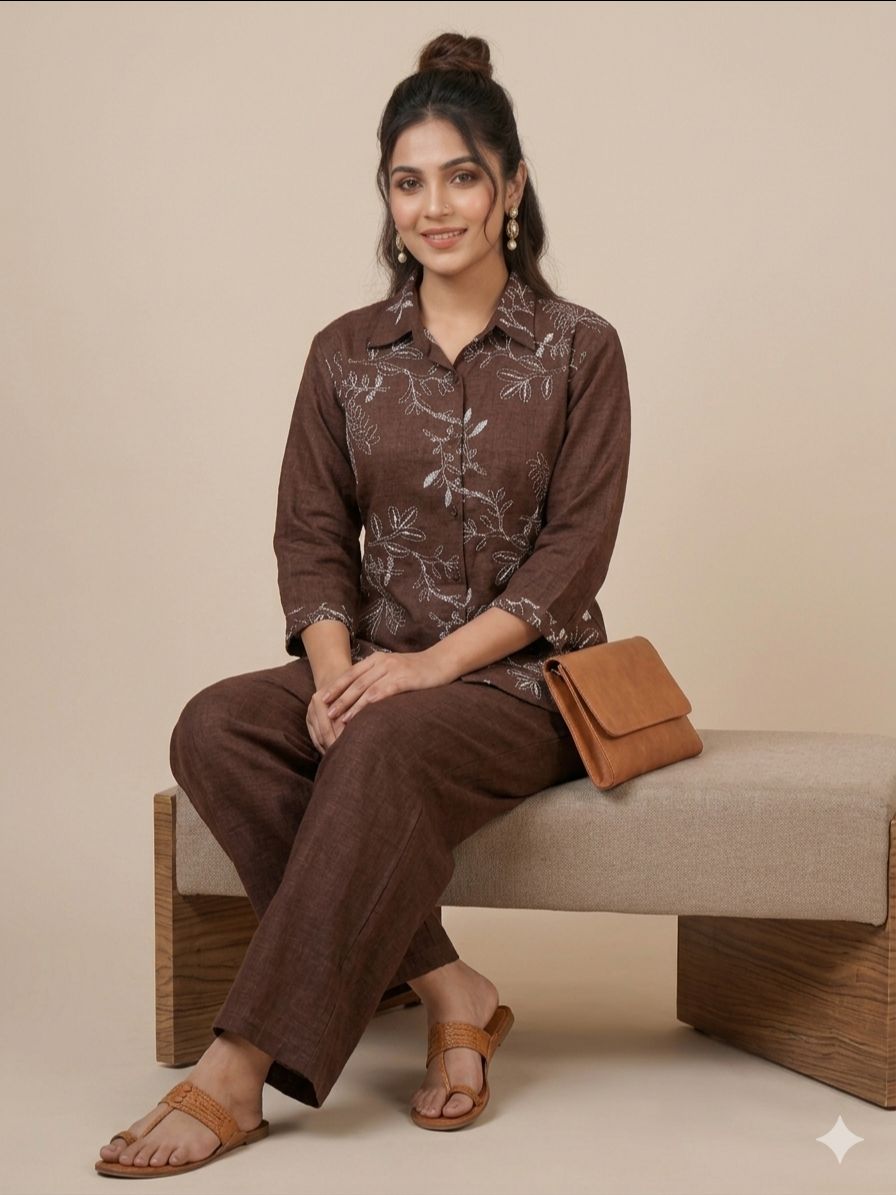 Embroidered Brown Co-ord Set view 2