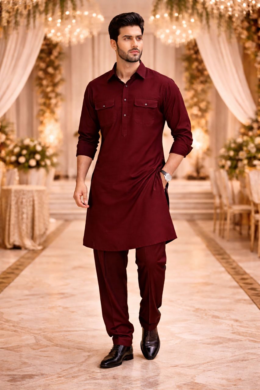 Maroon Comfort Fit Pathani