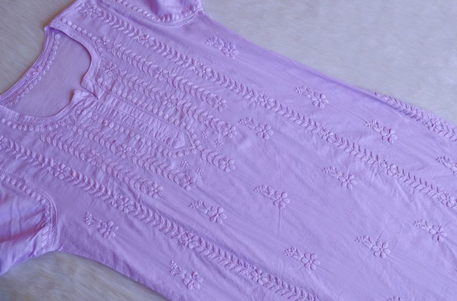 Pure Cotton Long Handwork Kurti In Lavender. view 4