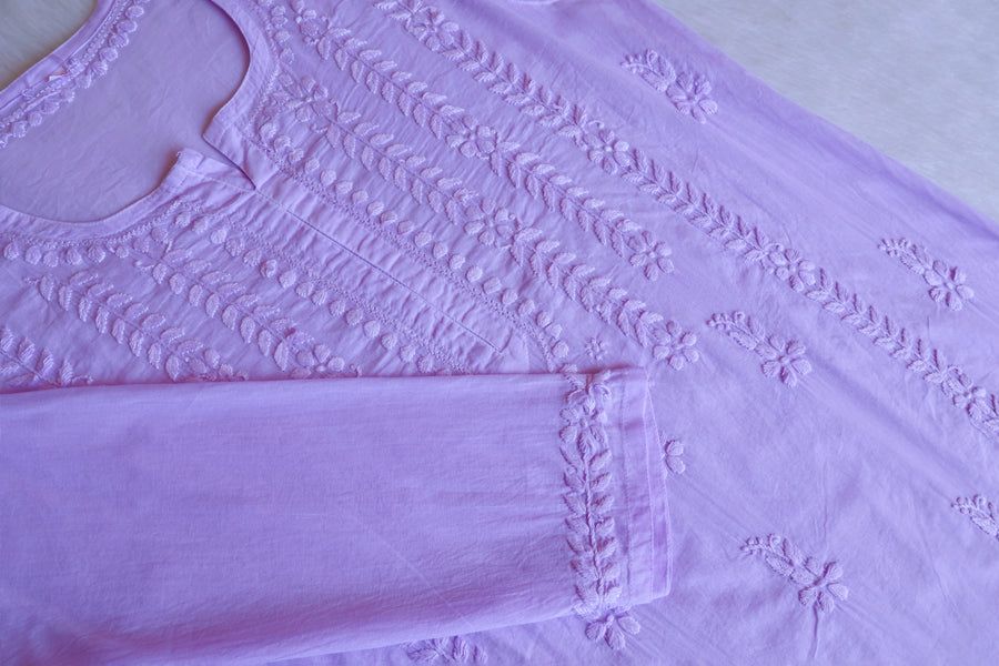 Pure Cotton Long Handwork Kurti In Lavender. view 2
