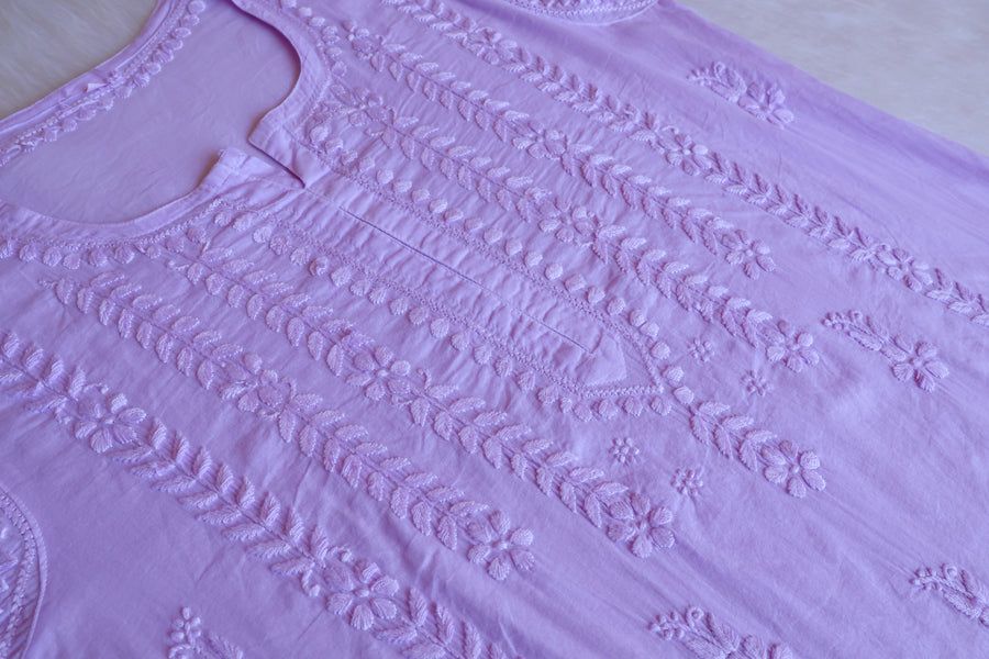 Pure Cotton Long Handwork Kurti In Lavender. view 3