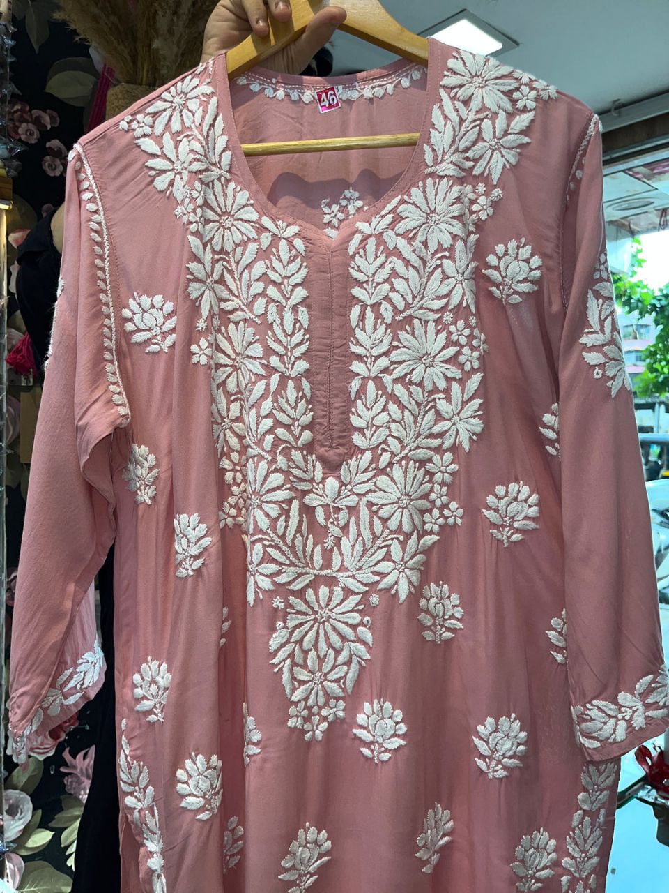 Pure Modal Long Handwork Kurti in Peach.✨ view 2
