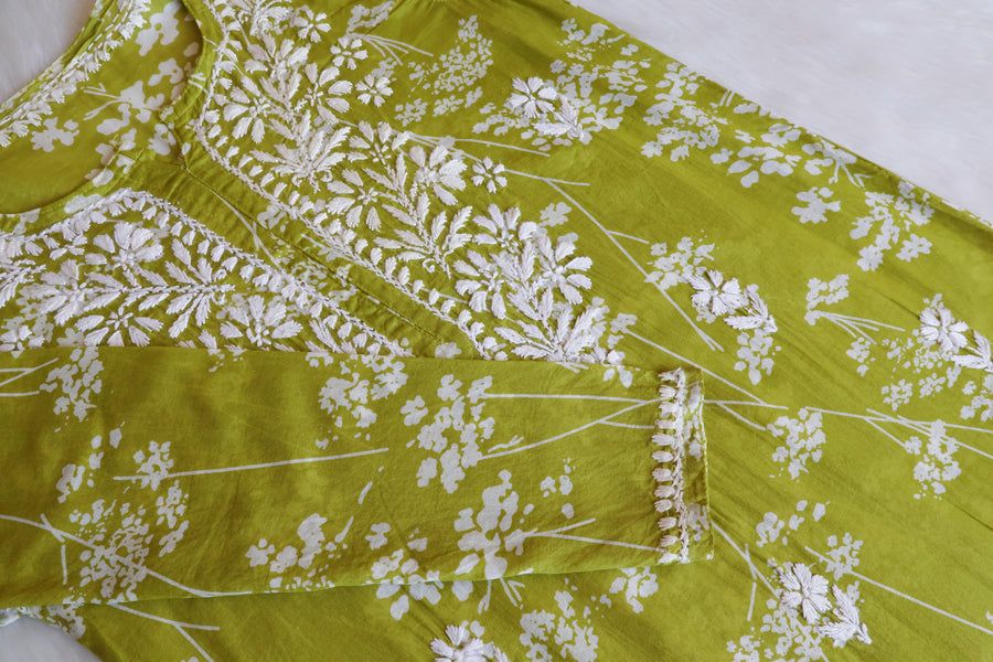 MULMUL LONG HANDWORK KURTI WITH FLORAL WORK. view 2