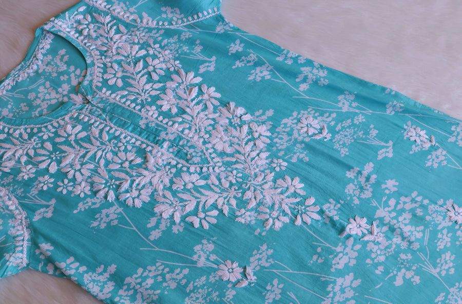 MULMUL LONG HANDWORK KURTI WITH FLORAL WORK . view 3