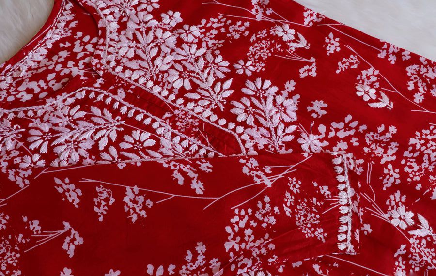 MULMUL LONG HANDWORK KURTI WITH FLORAL PRINT. view 4
