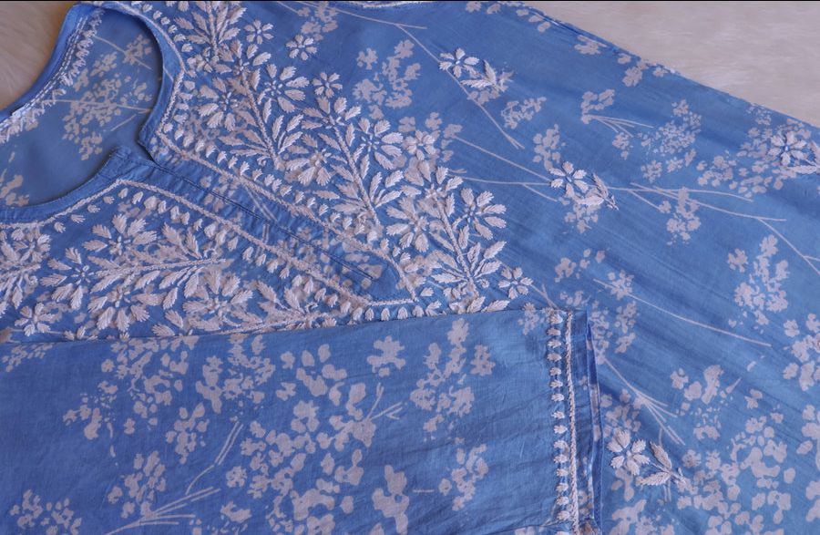 LONG HANDWORK MULMUL KURTI WITH FLORAL PRINT. view 2
