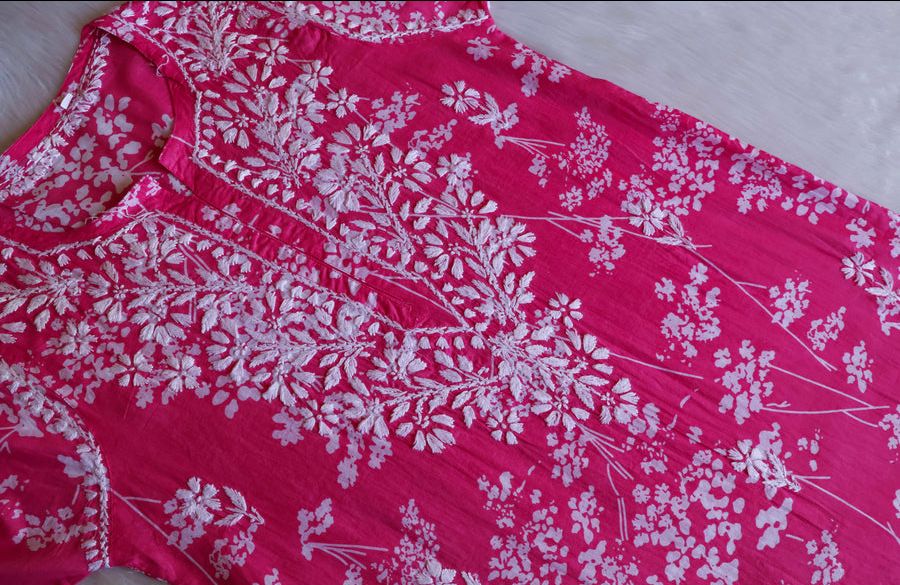 LONG MULMUL HANDWORK KURTI WITH FLORAL PRINT. view 3