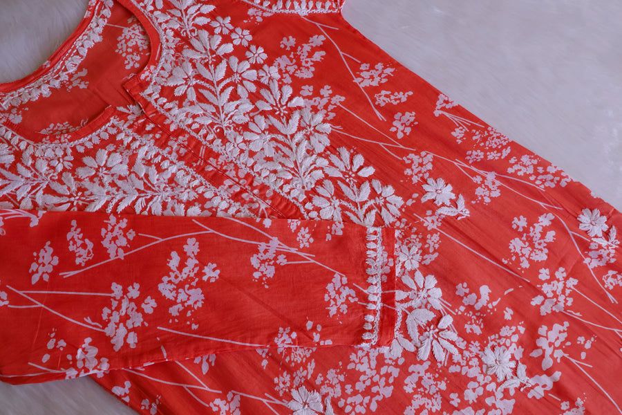 PURE MULMUL LONG HANDWORK KURTI WITH FLORAL PRINT. view 3