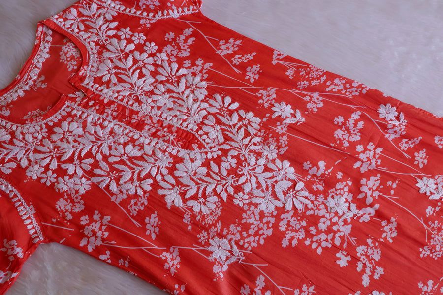 PURE MULMUL LONG HANDWORK KURTI WITH FLORAL PRINT. view 2