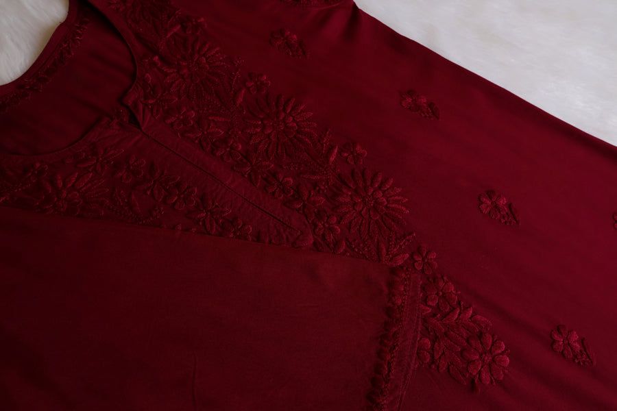 RAYON LONG HANDWORK KURTI IN BEAUTIFUL MAROON SHADE✨ view 2