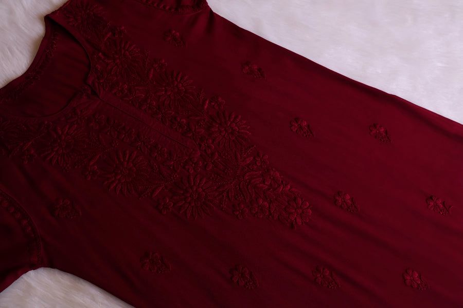 RAYON LONG HANDWORK KURTI IN BEAUTIFUL MAROON SHADE✨ view 3