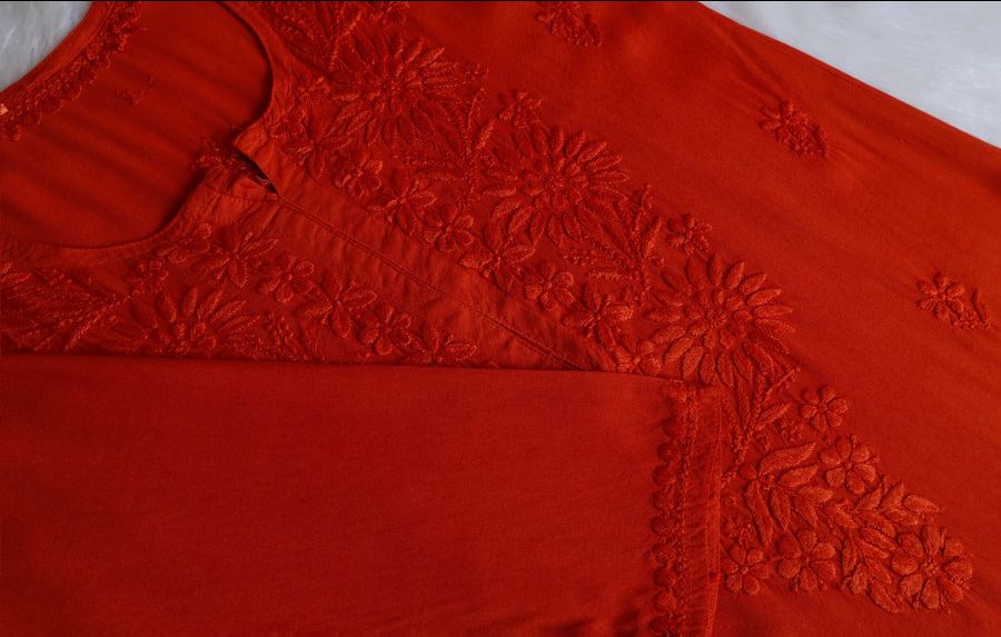RAYON LONG HANDWORK KURTI IN RUST SHADE ✨ view 3