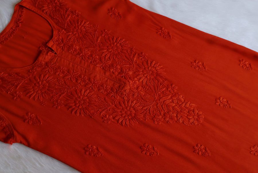 RAYON LONG HANDWORK KURTI IN RUST SHADE ✨ view 2