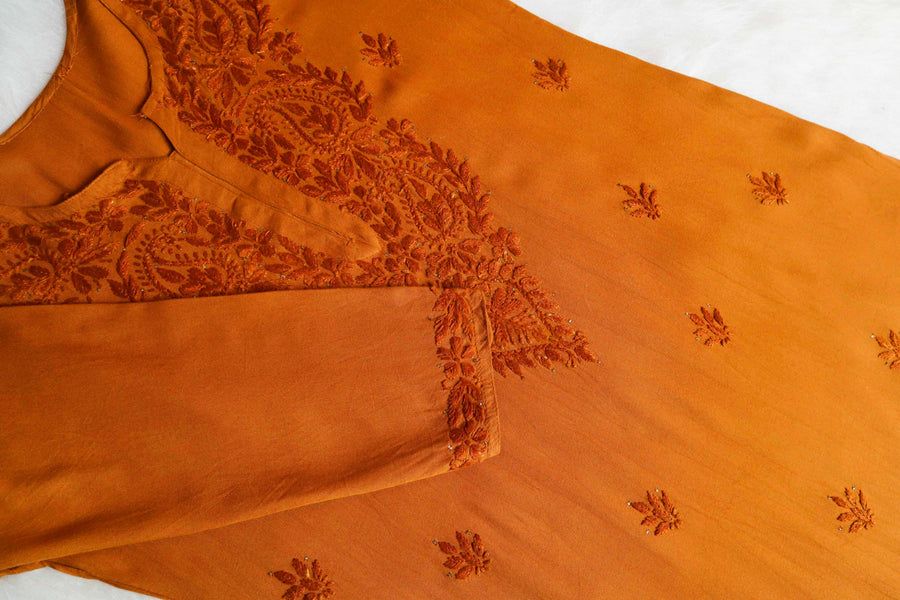 MODAL LONG HANDWORK KURTI PLAZO SET WITH MUKAISH WORK IN MUSTARD YELLOW. view 2