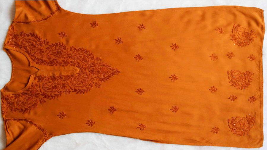 MODAL LONG HANDWORK KURTI PLAZO SET WITH MUKAISH WORK IN MUSTARD YELLOW. view 4