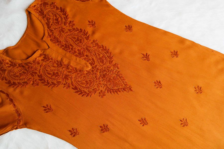 MODAL LONG HANDWORK KURTI PLAZO SET WITH MUKAISH WORK IN MUSTARD YELLOW. view 3