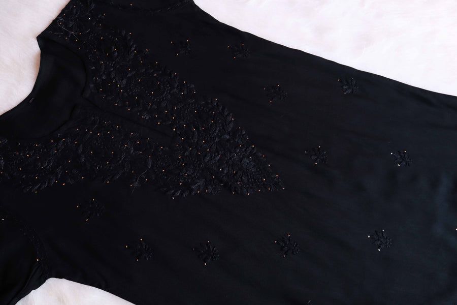 2 PIECE MODAL LONG HANDWORK KURTI PLAZO SET WITH MUKAISH WORK IN BLACK. view 3