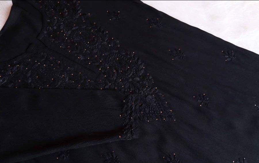 2 PIECE MODAL LONG HANDWORK KURTI PLAZO SET WITH MUKAISH WORK IN BLACK. view 2