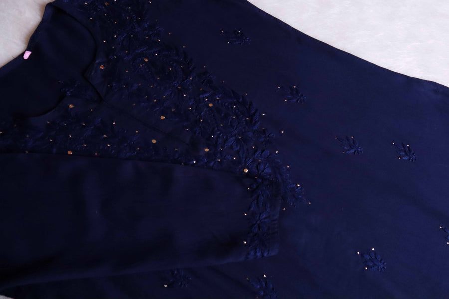 2 PIECE MODAL LONG HANDWORK KURTI PLAZO SET WITH MUKAISH WORK IN NAVY BLUE. view 2