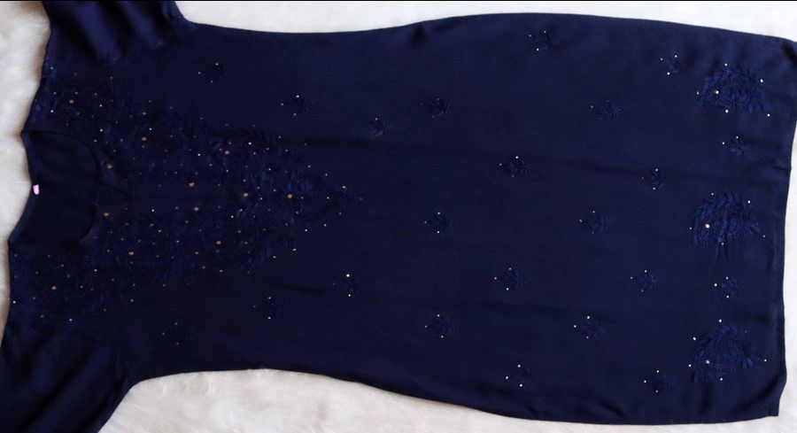 2 PIECE MODAL LONG HANDWORK KURTI PLAZO SET WITH MUKAISH WORK IN NAVY BLUE. view 4