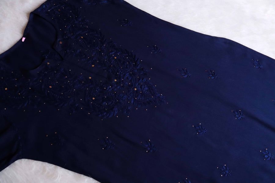 2 PIECE MODAL LONG HANDWORK KURTI PLAZO SET WITH MUKAISH WORK IN NAVY BLUE. view 3