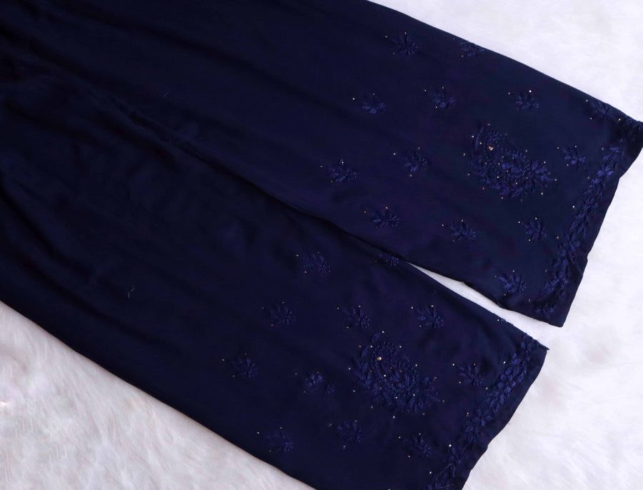 2 PIECE MODAL LONG HANDWORK KURTI PLAZO SET WITH MUKAISH WORK IN NAVY BLUE. view 5