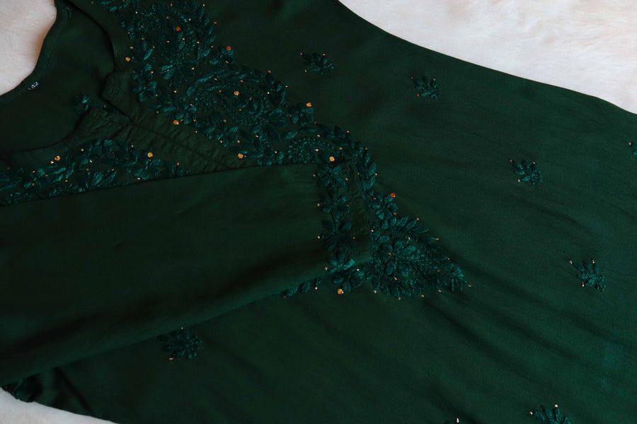 2 PIECE MODAL LONG HANDWORK KURTI PLAZO SET IN BOTTLE GREEN. view 2