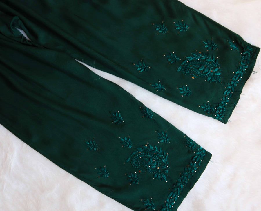 2 PIECE MODAL LONG HANDWORK KURTI PLAZO SET IN BOTTLE GREEN. view 5