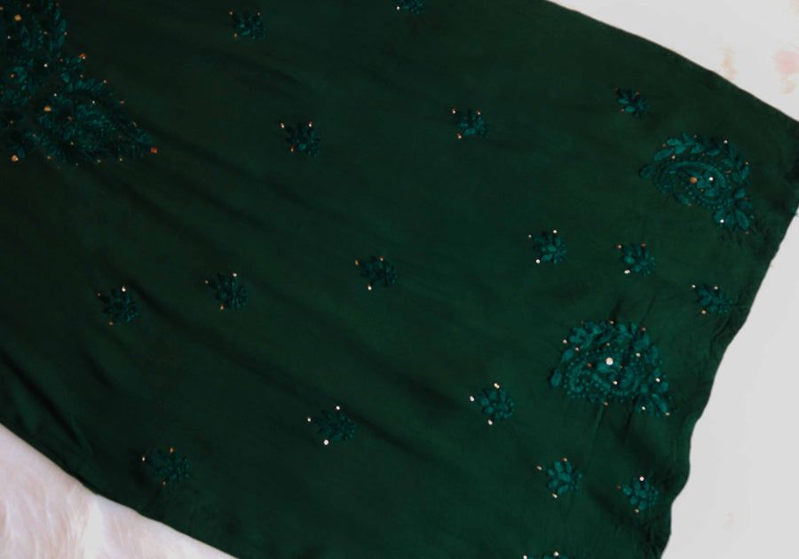 2 PIECE MODAL LONG HANDWORK KURTI PLAZO SET IN BOTTLE GREEN. view 4